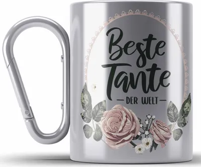 Produktbild von Trendation - Beste Tante der Welt Geschenk Edelstahl Tasse Karabiner mit Spruch Karabiner Edelstahl Tasse Karabiner Edelstahl für Coole Tante (Silber)