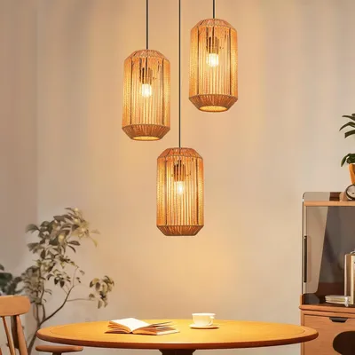 Image de ZMH Lampe à suspendre Boho Lampe à suspendre en rotin Suspension réglable en hauteur Lampe à suspendre salle à manger 3 flammes Lampe de salon avec douille E27