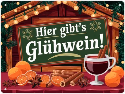 Produktbild von Hier gibts Glühwein Weihnachtsmarkt Metallschild XL in 21x28 cm