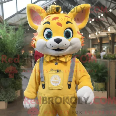 Obrázok produktu pre Maskot spoločnosti REDBROKOLY, žltý bobcat menom Lemon, oblečený v pracovných nohaviciach a s náhrdelníkom
