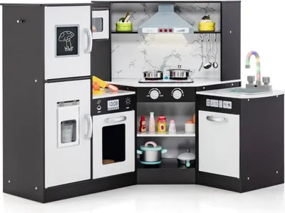 Obrázok produktu pre Drevená rohová detská kuchynka so svetlom & zvukom & tabuľou & doplnky detská kuchynka kuchynka na hranie drevená kuchynka káva