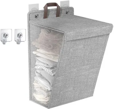 Image de Panier à linge pliable avec couvercle et crochet mural, idéal pour la chambre à coucher et la salle de bains