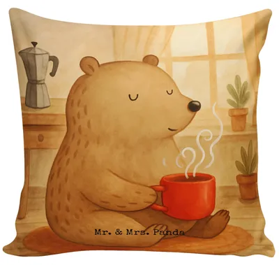 Produktbild von Mr. & Mrs. Panda kuschelkissen 40x40 Bär Morgenkaffee Design - Weiß - Geschenk, für Partner, Bedrucktes Kissen, Frauen, Sofa, Mitbringsel, Sofakissen, Freundin