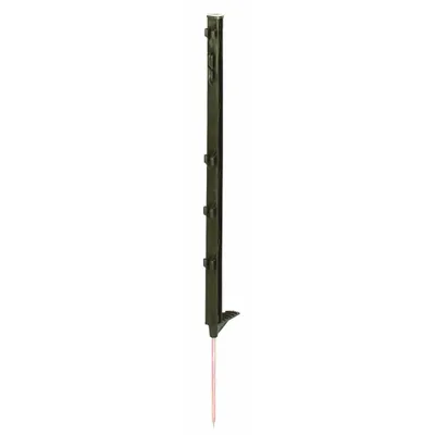A single green plastic fence post with a metal stake at the bottom, shown against a white background.