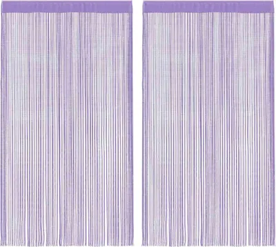 Two purple string curtains hanging side-by-side against a white background.
