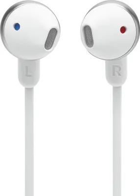 A pair of white wireless earbuds with silver accents.