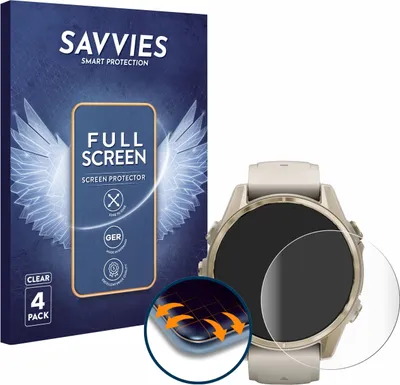 Produktbild von 4x Savvies Fullscreen Schutzfolie für Garmin Fenix 8 (43 mm) Displayschutz Folie Fullcover Klar Transparent