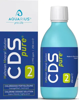 Zdjęcie produktu dla AQUARIUS pro life ® – CDSpure 250 ml | filtrowany w technologii nano i o wysokiej czystości | gotowy roztwór dwutlenku chloru (0,299%) w szklanej butelce z serii AQUARIUS BLUE | okres przydatności do użycia 2 lata bez konieczności przechowywania w lodówce | 2990 ppm | krople CDL | CDS klasy premium | oryginał