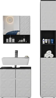 A bathroom vanity set with a sink, mirror, and tall cabinet, displayed against a white background.