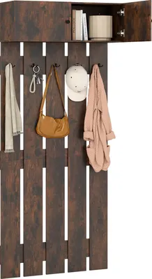 A wall-mounted coat rack with a cabinet and hooks, displaying various items like a coat, a bag, keys, and a hat.
