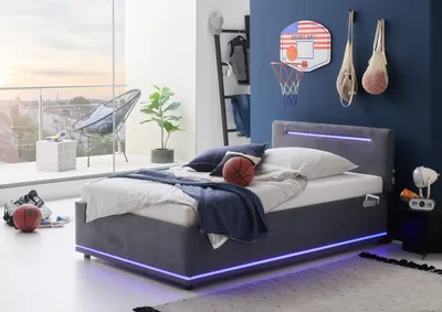 Produktbild von Meise Möbel Stauraumbett Circle 120x200 cm | Bettkasten & Lattenrost (Federholzrahmen) | LED & USB | Strukturstoff Graphit | Holzfuß schwarz