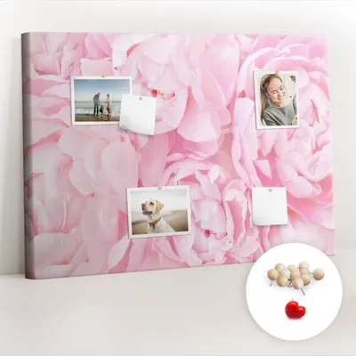 Obrázek produktu pro Korková nástěnka s kolíčky - Tabule s kolíky pro fotografie a poznámky - 100x70 cm - Připínáčky dřevěné 100 kusů - Rozkvetlé květiny