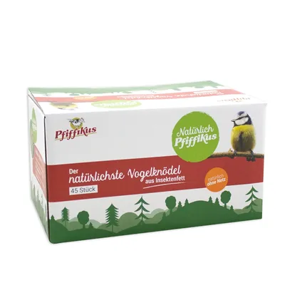 A cardboard box of bird food, specifically insect fat balls, with a forest and bird illustration.