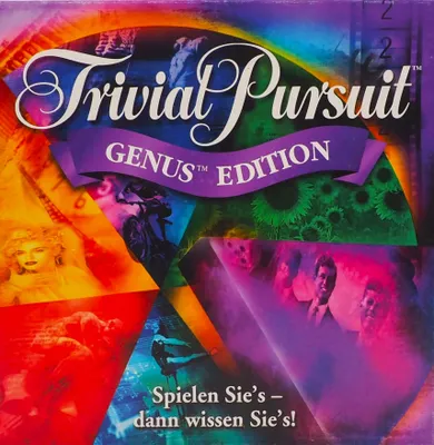 The image is a collage of different images and text, likely for marketing purposes, featuring the Trivial Pursuit Genus Edition board game.