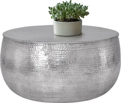 Produktbild von WOMO-DESIGN Couchtisch Ø90x45 cm Silber, Hammerschlag-Optik, Handgefertigter Beistelltisch, Orientalischer runder Loungetisch fürs Wohnzimmer