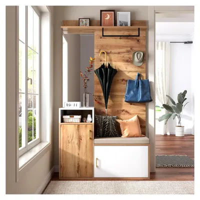 Produktbild von Garderoben-Set in Weiß und Holzfarbe mit Spiegel, Schuhschrank, Wandgarderobe, Sitzbank und Kleiderhaken