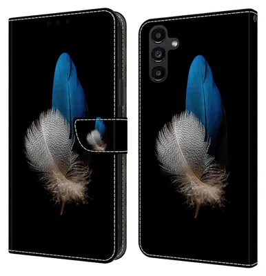 A close-up studio shot of a phone case with a feather design.
