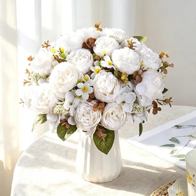 Imagen del producto de Ramo de flores artificiales "Hydrangea", con rosas blancas y peonías realistas, de 30 cm, ideal para la decoración del hogar