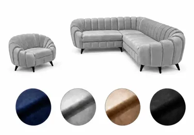 Zdjęcie produktu dla Zestaw wypoczynkowy Verno: sofa narożna 210x270 + fotel w nowoczesnym stylu, sprężyny Bonell HR45, wysokiej jakości tapicerka, styl loftowy i glamour, wolnostojący, ergonomiczny, jasnoszary