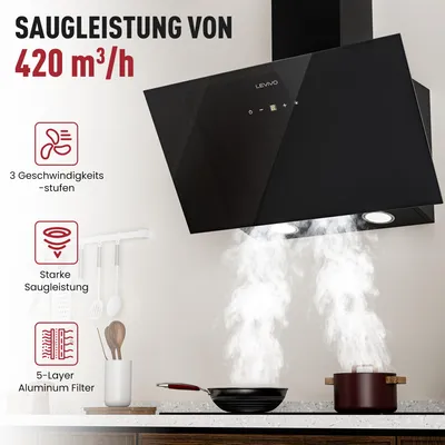 Image de Hotte aspirante sans cadre LEVIVO A+++ 60 cm en mode recyclage & évacuation avec débit d’air de 420 m³/h, hotte avec 2 filtres à charbon actif, 1 filtre à graisse, 3 niveaux