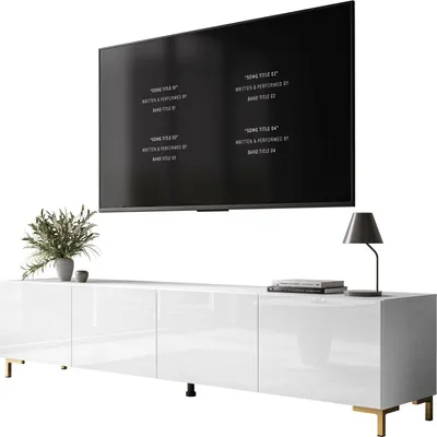 A modern white TV stand with gold legs, featuring a large flat-screen TV mounted above it.