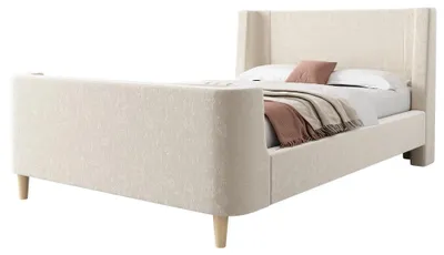 Zdjęcie produktu dla Łóżeczko dziecięce - rama łóżka pojedynczego - 90 x 200 cm - beżowe - obicie z aksamitu - wzór w gwiazdki - miejsce do przechowywania - bez materaca