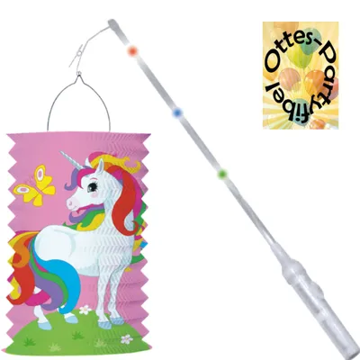 Produktbild von Laternen-Set Zuglaterne Lampion Einhorn Unicorn + LED weißer Laternenstab Leuchtstab