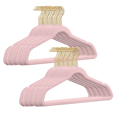 Produktbild von Samt Kleiderbügel rosa 50 Stück mit goldenen Haken – edel & rutschfest - StickandShine