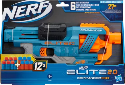 The image shows the packaging of a Nerf Elite 2.0 Commander RD-6 blaster toy.