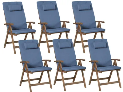 Produktbild von BELIANI Gartenstuhl 6er Set Dunkelbraun und Blau Akazienholz Verstellbar Klappbar mit Auflagen Armlehnen Lamellen-Optik Rustikal Außenbereich