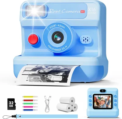 Produktbild von Kinderkamera Sofortbildkamera, 1080P HD Sofortbildkamera Kinder mit 32 GB Karte und 3 Papierrollen, Kinderspielzeug mit Zwei Objektiven