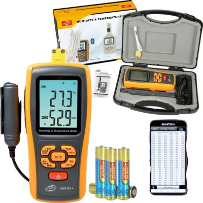 Produktbild von Hygrometer, Sondenlänge 1,5 Meter, Messbereich 0%-100% Luftfeuchtigkeit, Temperaturbereich -50°C bis 200°C, Digitale Anzeige, Bluetooth-Konnektivität