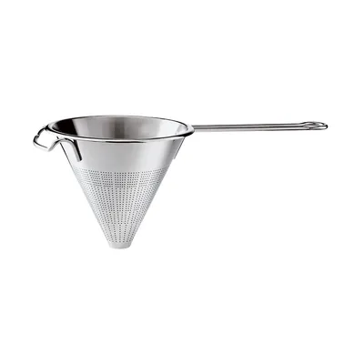 A silver-colored conical sieve with a long handle, isolated on a white background.