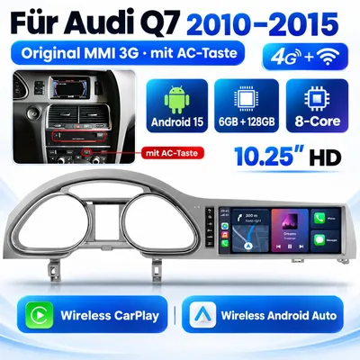 Produktbild von Für Audi Q7 MMI 3G 2010-15 10,25" CarPlay Android 15 Autoradio 6+128GB GPS Navi WIFI 4G BT DAB+ SWC USB DSP 8-Kern, KI-generiertes Bild