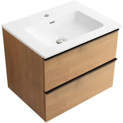 Productafbeelding van Badkamermeubel Velora - notenhoutkleur, zwarte handgreep + keramisch wastafelblad Novo - wit, glanzend - 71x54,5x46,5 cm