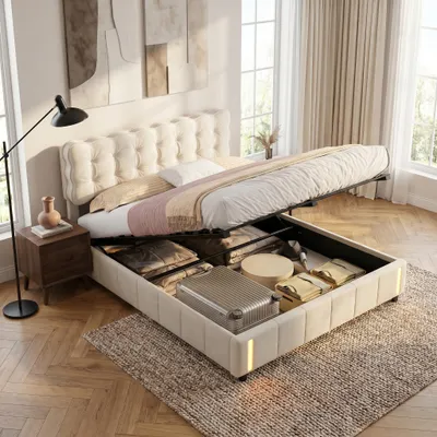 Image de Lit rembourré INONEFT 160x200 cm avec espace de rangement et éclairage LED, lit à lattes double, lit pour adolescents avec espace de rangement, en velours, couleur beige
