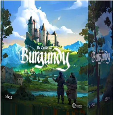 A scenic landscape with a castle on a hill, two people looking out over the valley, and a river.