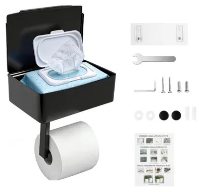 Produktbild von Toilettenpapierhalter mit Ständer, schwarz – kein Bohren erforderlich, selbstklebend, mit Ablage für Handy und Feuchttücherbox, platzsparend für kleine Badezimmer und Gästetoiletten, Badaccessoires, 20 x 14 x 7 cm
