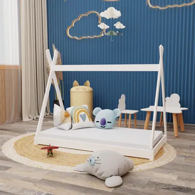 Produktbild von Montessori Kinderbett 140x70cm weiß Tipi Spielbett Zeltform Holz bodentief mit Lattenrost mit  100 Matratze