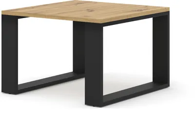 A square coffee table with a wooden top and black metal legs, presented on a white background.