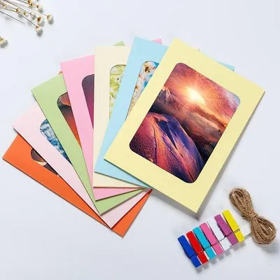 Produktbild von Bunte Fotolijsten aus Karton mit Holzklemmen und Hanfseil, DIY, 30 Stück