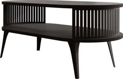 A dark oval coffee table with slatted sides and four legs, presented on a white background.