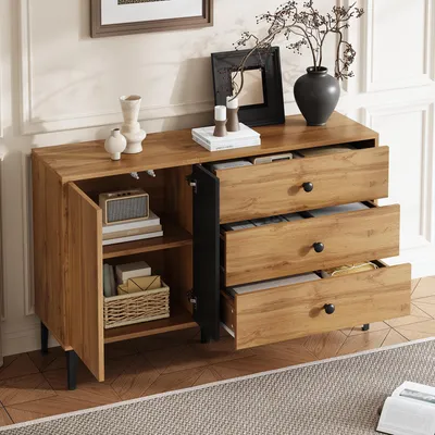Immagine prodotto di MODFU Cassettiera Armadio da cucina con 3 cassetti, mobile da soggiorno con maniglie rotonde, credenza con ripiano, naturale