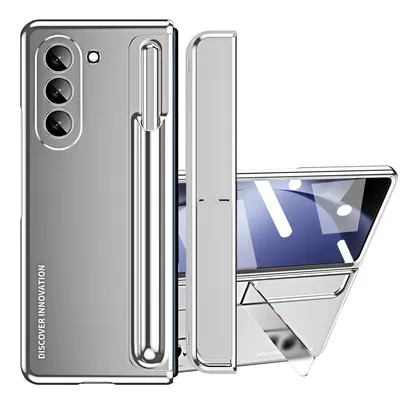 Produktbild von Pouzdro pro Samsung Galaxy Z Fold 5, Galvanizované PC Pouzdro s Držákem na Pero a Stojánkem, Ochranné Pouzdro s Ochranným Sklem stříbrný