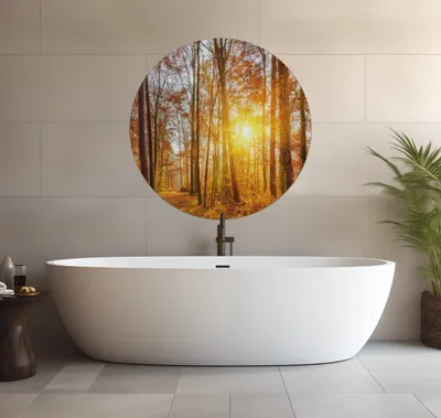 Produktbild von Wallario wasserfestes Poster selbstklebend 90 x 90 cm, Sonnenuntergang im herbstlichen Wald, Badezimmerposter Spritzschutz mit Hochglanzoberfläche in Glasoptik