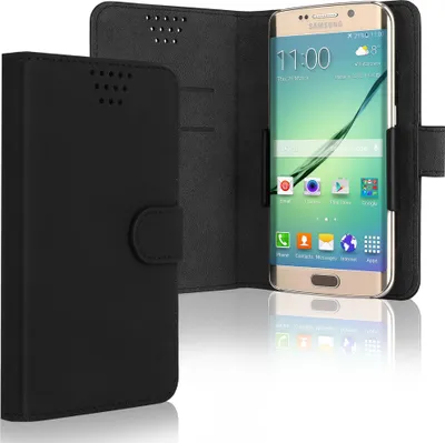 Produktbild von Smart Flip Cover für Smartphones (13.2cm x 8cm x 1cm) Handyhülle, Universal Schutzhülle - Bookstyle Case Kunstleder Klapphülle faltbar, Tasche schwarz, Kartenfach Hülle Kreditkarte Karte