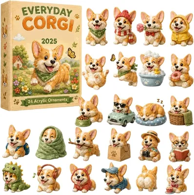 Produktbild von Hunde-Adventskalender 2026, 24 Tage, Acryl, 2D, Corgi-Sammlerstücke, für Weihnachtsdekoration, Heimdekoration & Festgeschenk