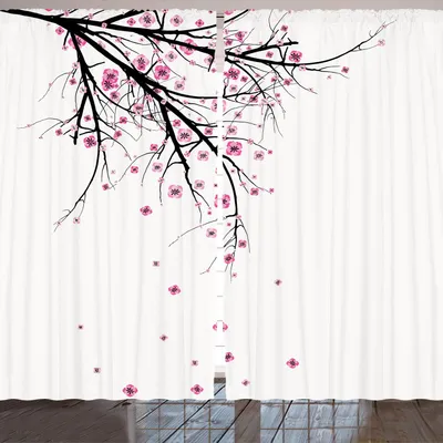 Image de Rideau naturel ARANDE, fleurs de cerisier tombantes, parc au printemps, imprimé simple, 280 x 245 cm, rose et noir