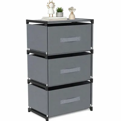 Produktbild von Verdego Kommode mit 3 Stoffschubladen, 40x26x67cm Aufbewahrungsschrank, Schubladenkommode für Schlafzimmer, Wohnzimmer, Küche & Büro, Grau