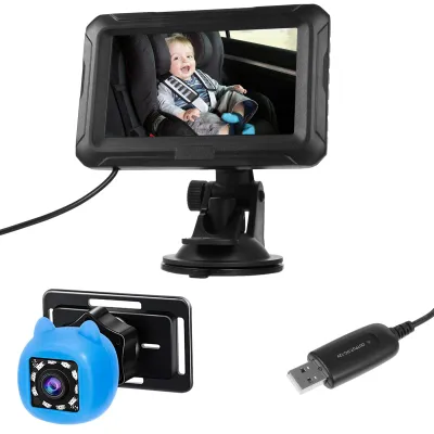 Obrázok produktu pre Detský spätný zrkadlo do auta, monitor 1080p s kamerou a USB konektorom, 4,3 palca s nočným videním, uhol pohľadu 150° pre bábätká, deti a domáce zvieratá